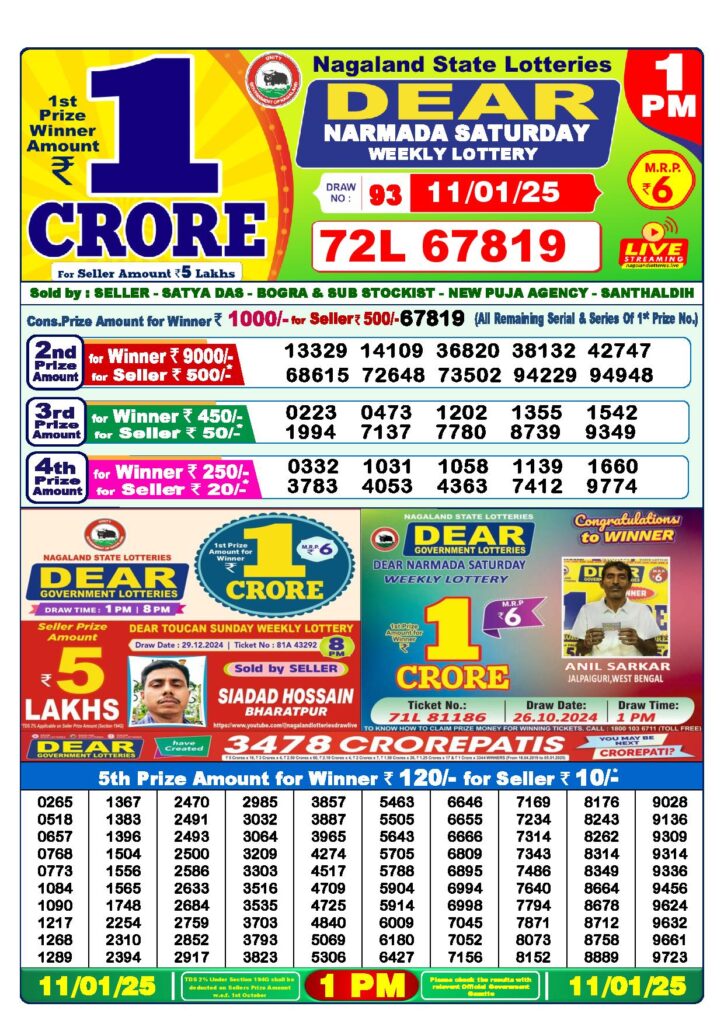 dear lottery result today 1 pm 11.01.2025